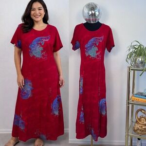 Tropical Tantrum Koi Fish Batik Maxi Dress Large Red Rayon Art to Wear Vacation